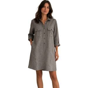 Estelle & Finn Gray Linen Shirt Dress Sz 8 Utility Pockets Made in NY Minimalist